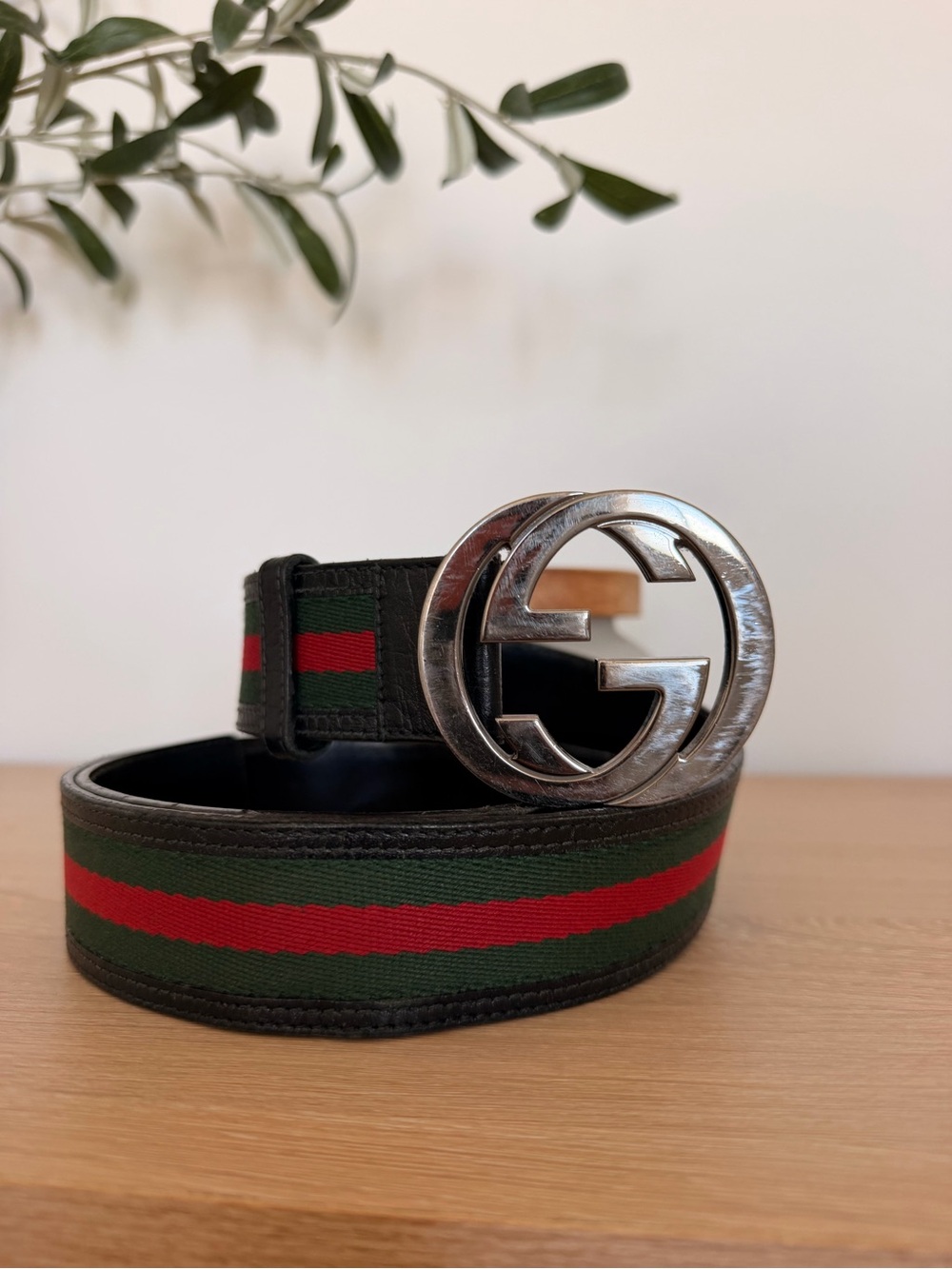 Gucci Green and Red Web Stripe Men's Belt with Silver Double G Buckle